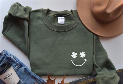 Embroidered St Patricks Day Smiley Shamrock Sweatshirt St Patrick Day