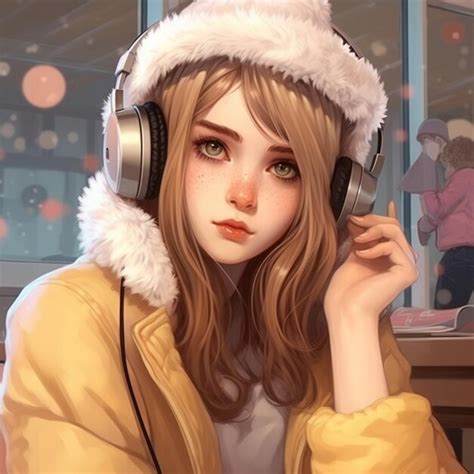 Premium Ai Image Anime Girl With Headphones Listening To Music In A Cafe Generative Ai