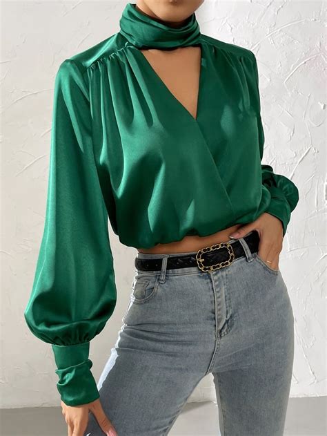 Cut Out Mock Neck Bishop Sleeve Crop Blouse Crop Blouse Blouses For