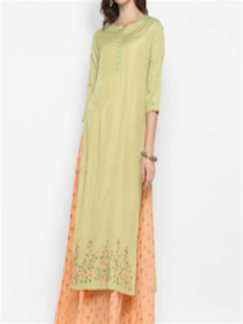 Buy Janasya Women Peach Coloured & Green Printed Layered Maxi Dress ...