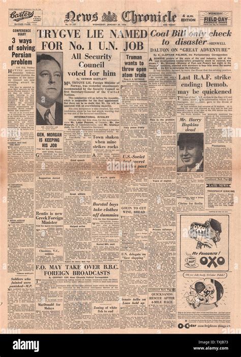 1946 News Chronicle Newspaper Front Page Trygve Lie Named Un Secretary