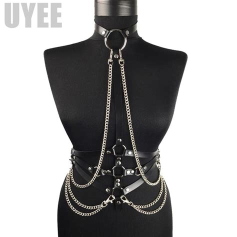 Uyee Sexy Harajuku Belts Women Rave Top Metal Chain Pu Leather Harness