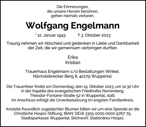 Wolfgang Engelmann Traueranzeige Westdeutsche Zeitung