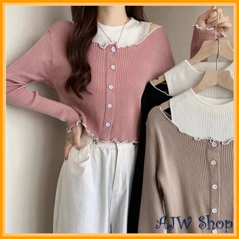 Jual Ajw Atasan Wanita Kekinian Valley Two Looks Knit Premium Xet