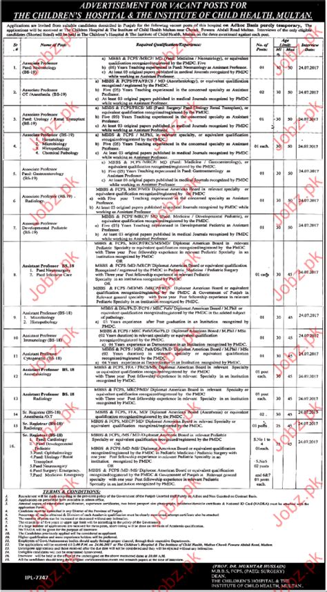 Children Hospital The Institute Of Child Health Jobs Multan 2022 Job