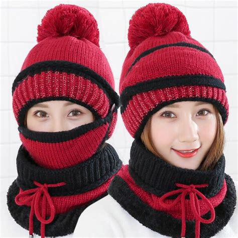 Spring Park 3pcs Set Winter Women Thicken Warm Knitted Pompom Beanie