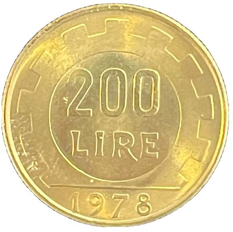 Republic Italy 200 Lire 1978 Coin Lira Square Tooth Gear Bronzital 24mm