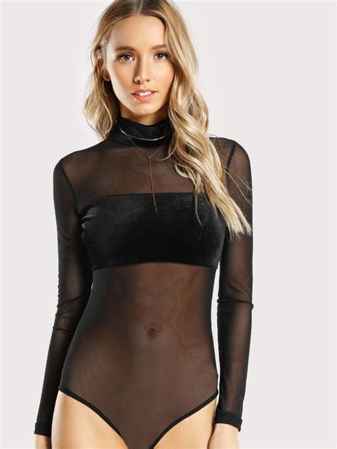 Shop Velvet Panel Sheer Mesh Bodysuit Online Shein Offers Velvet Panel