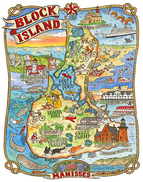 Block Island Rhode Island Map Art Print 16x 20 Etsy