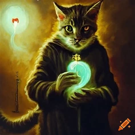 Dark Fantasy Oil Painting Of A Wizard Cat With A Glowing Heart On Craiyon