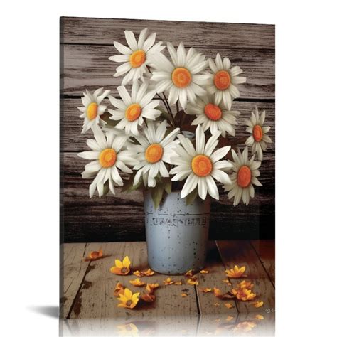 Gotuvs Framed Rustic Farmhouse White Sunflower Wall Art Decor For