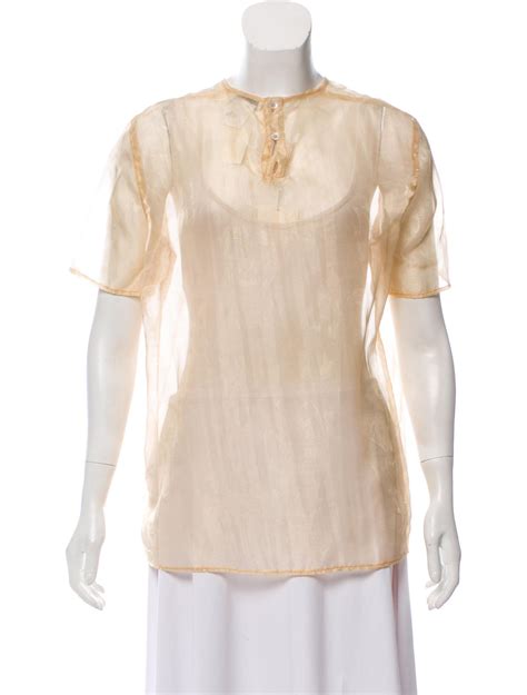 Metallic Gold Tone Giorgio Armani Sheer Top With Round Neck Short Sleeves Floral Print