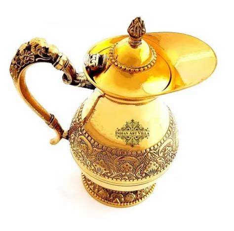 Indian Art Villa Designer Embossed Brass Jug Pitcher With Lid