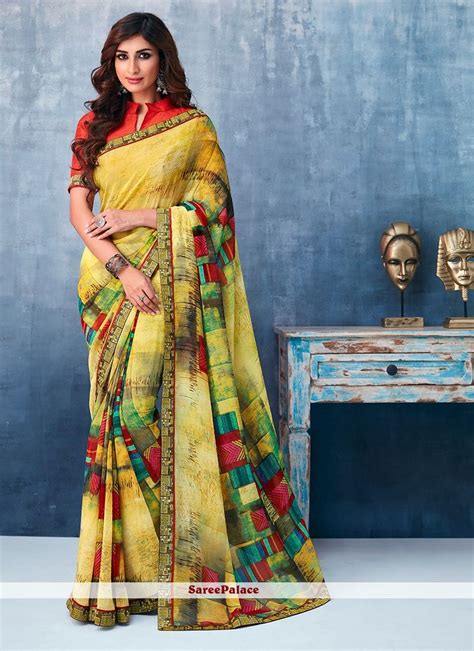 Buy Faux Georgette Abstract Printed Saree In Multi Colour Online