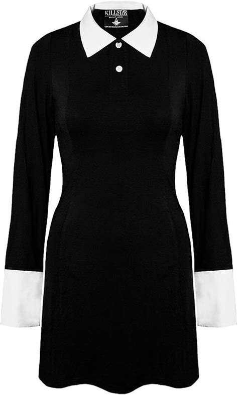 Killstar Wednesday Addams Dress Black White Collar Long Sleeve Goth