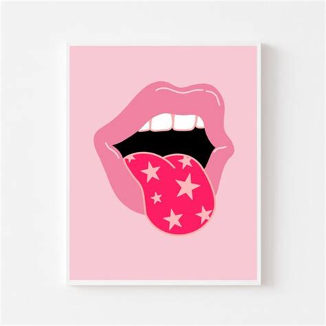 Pink Lips Wall Art Print Mouth Tongue Lips Stars Dorm Etsy