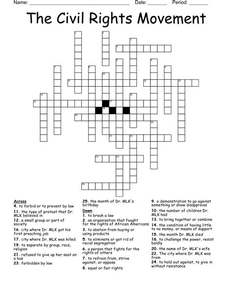 Crossword Puzzle American Civil Rights Movement