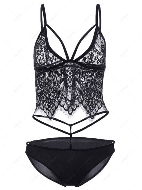 [15 Off] 2021 Solid Color Lace Spliced Cami Bikini Set In Black Zaful