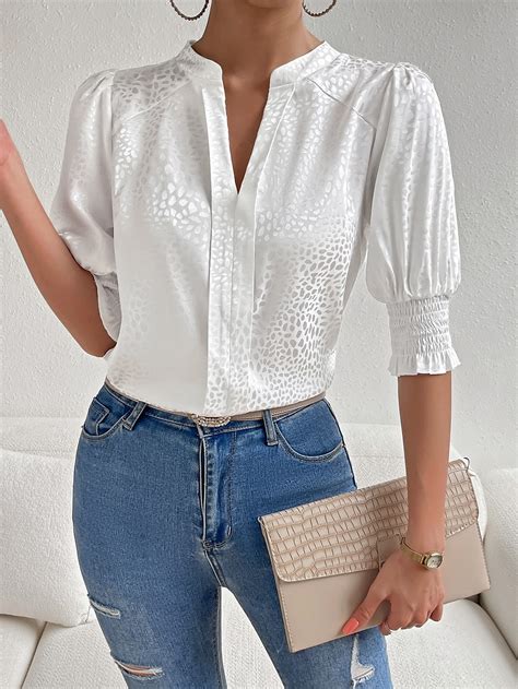 Shein Priv Blouse Tacheture En Jacquard Encolure Crant E Manches