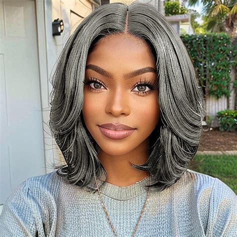 Trendy Design Salt And Pepper Grey Glueless Wavy Bob Mid Part 5x5 Hd