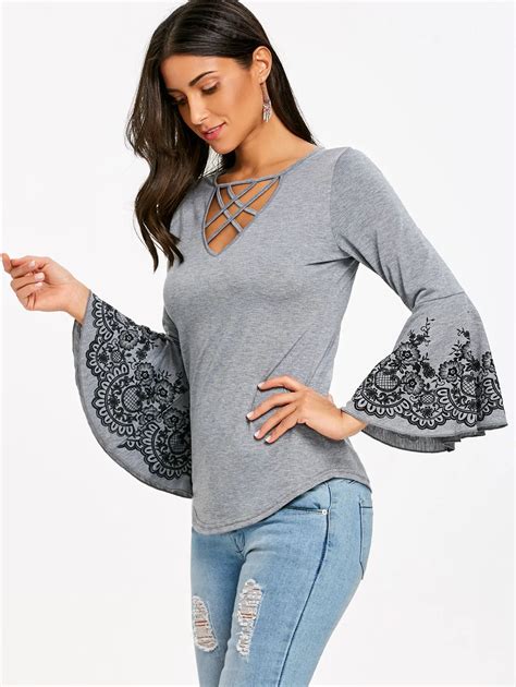 Gamiss Women Flare Sleeve Lace Print Lattice Cut T Shirts Long Sleeve