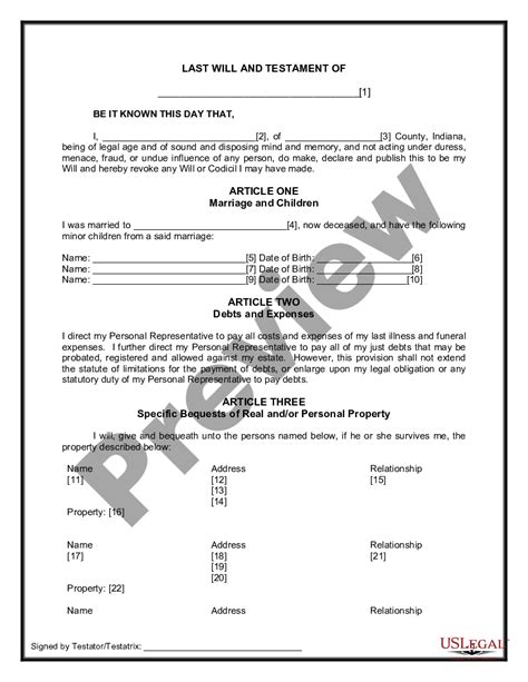 Indiana Legal Last Will And Testament Form For Widow Or Widower With