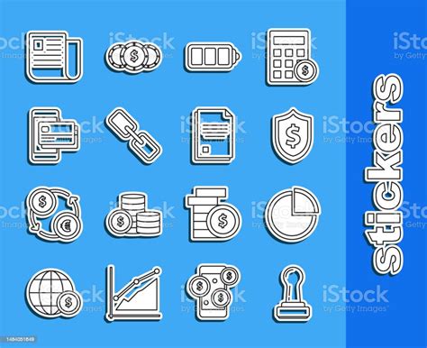 선 스탬프 설정 파이 차트 인포 그래픽 달러 기호가있는 방패 배터리 충전 수준 표시기 체인 링크 휴대폰 및 신용 카드 파일 문서