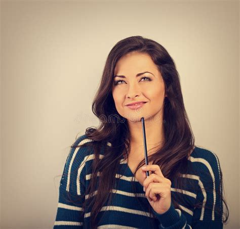 Confusion Grimacing Brunette Woman Thinking And Looking Up With Stock Photo Image Of People