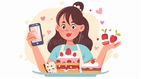 A Woman Eating Sweet Dessert Cake With Her Phone In Hand She Is