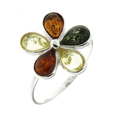 Bague Fleur Argent Ambre Multicolore Ref 42332