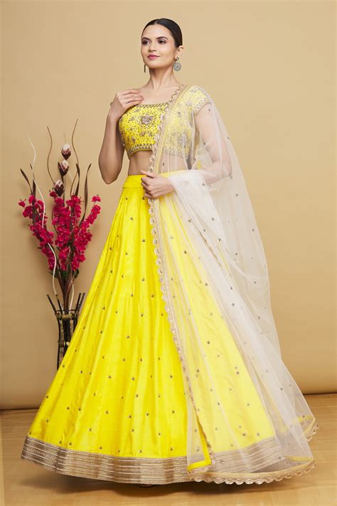 Buy Keerthi Kadire Yellow Floral Embroidered Lehenga Set Online Aza