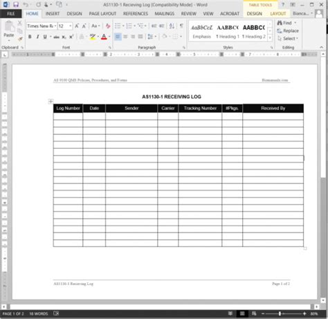 AS9100 Receiving Log Template Word
