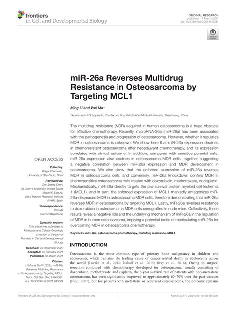 PDF MiR 26a Reverses Multidrug Resistance In Osteosarcoma By