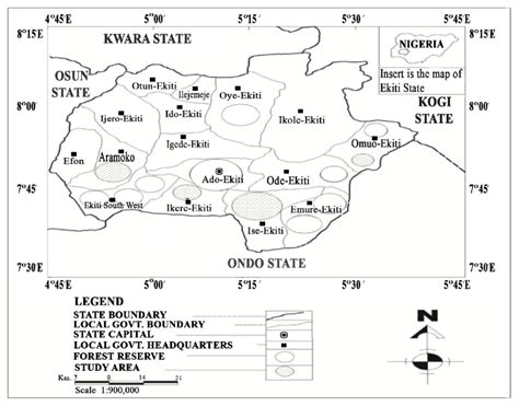 Map of Ekiti State showing the study area. Source: forestry department ...