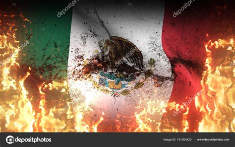 Mexico Grunge War Flag Waving Fire Mexican Dirty Conflict Flag Stock