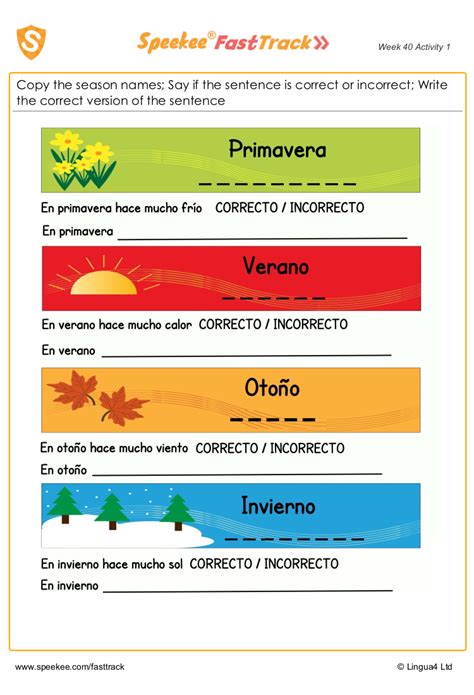 Spanish Printable Seasons Practice Worksheets Library