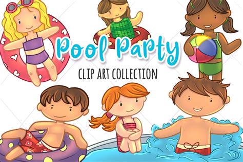 Kids Pool Party Clip Art Set Cute Kids Pool Party Clipart Summer Time ...