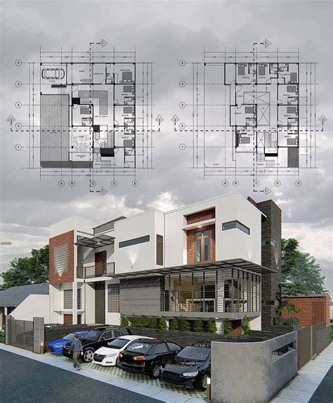 An Architectural Drawing Of A House With Cars Parked In The Driveway