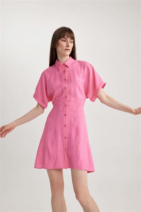 Pink Woman Shirt Collar Modal Bat Sleeve Mini Short Sleeve Dress 2818835 Defacto