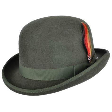 Quality Olive 100 Wool Bowler Hat With Removable Feather Satin Lined