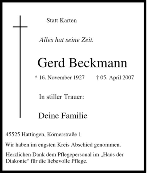 Traueranzeigen Von Gerd Beckmann Trauer In Nrw De