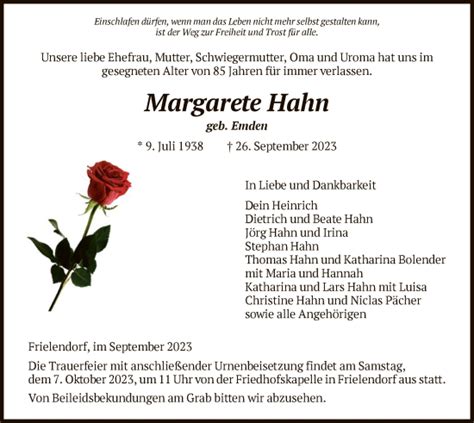 Traueranzeigen Von Margarete Hahn Trauer HNA De