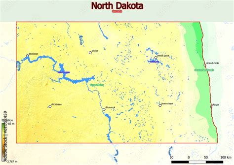 Physical map of North Dakota with mountains, plains, bridges, rivers, lakes, mountains, cities ...