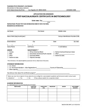 Fillable Online BIOTECH Certificate Program Application FINAL B Fax