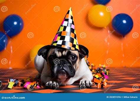 Funny And Friendly Cute French Bulldog Wearing A Birthday Party Hat In