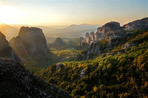 Premium Photo | Beautiful panoramic view of meteora landscape at sunset