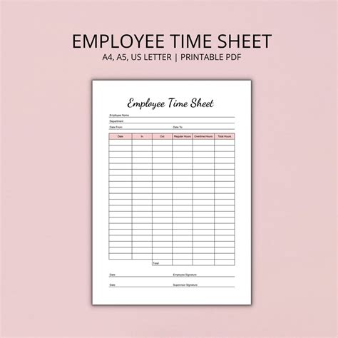 Employee Time Sheet Printable Printable Time Log Time Card Etsy