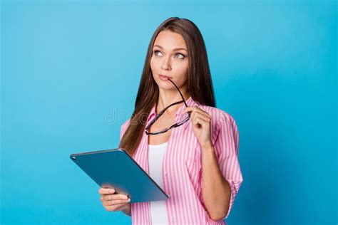 Portrait Of Optimistic Brunette Lady Hold Spectacles Tablet Look Empty