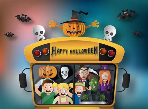 premium vector halloween night  creepy ghosts   bus