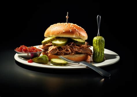 Premium Ai Image A Shot Of A Pulled Pork Sandwich With A Side Of A Pickle Spear